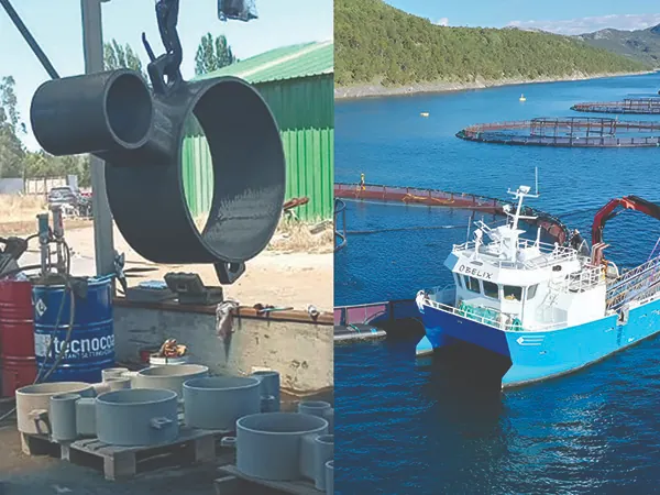 Brackets metálicos para jaulas salmoneras revestidos con poliurea híbrida para protección anticorrosiva en inmersión marina y ambiente salino.