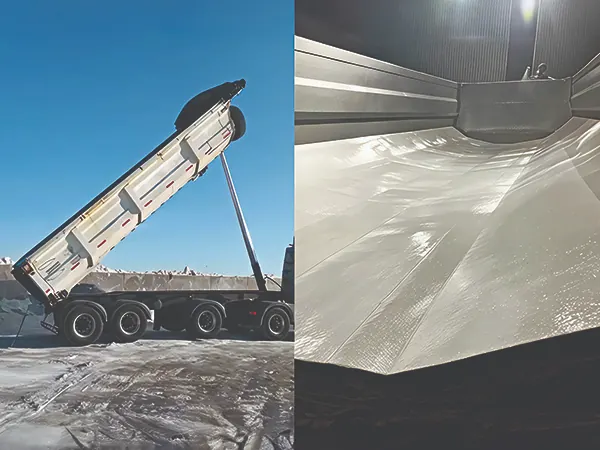 Recubrimiento protector con poliurea de alta resistencia en tolvas de camiones para transporte de sal, previniendo corrosión y facilitando la descarga de material.
