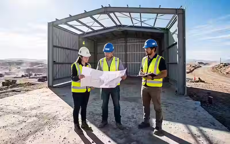 Un grupo de tres ingenieros con cascos y chalecos de seguridad revisando planos de construcción frente a una estructura metálica inacabada en un sitio de mina a cielo abierto bajo la luz del sol. Se destaca la planificación técnica necesaria para aplicar poliurea en infraestructura minera.