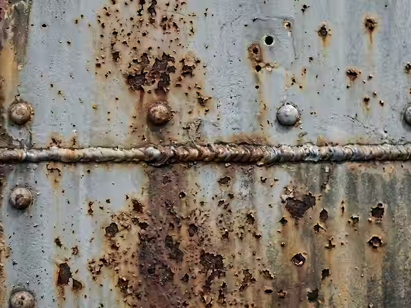 Corrosión química severa en superficie de acero industrial con picaduras profundas y óxido desprendido por contacto con soluciones agresivas.
