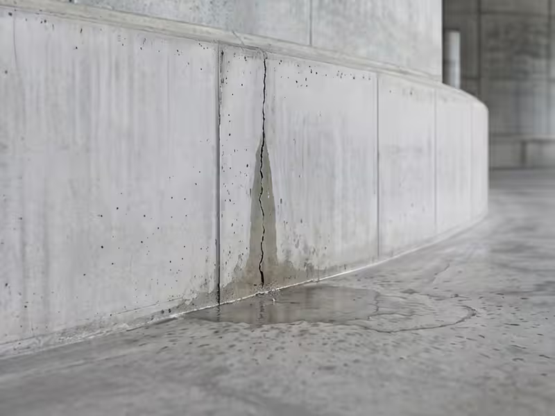 Filtración activa de agua en muro de hormigón con grieta estructural, evidenciando riesgo de contaminación ambiental y pérdida de estanqueidad.