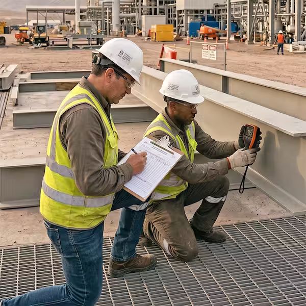 Dos técnicos en seguridad y control de calidad inspeccionando y midiendo una viga de acero en una obra industrial con equipamiento de protección.