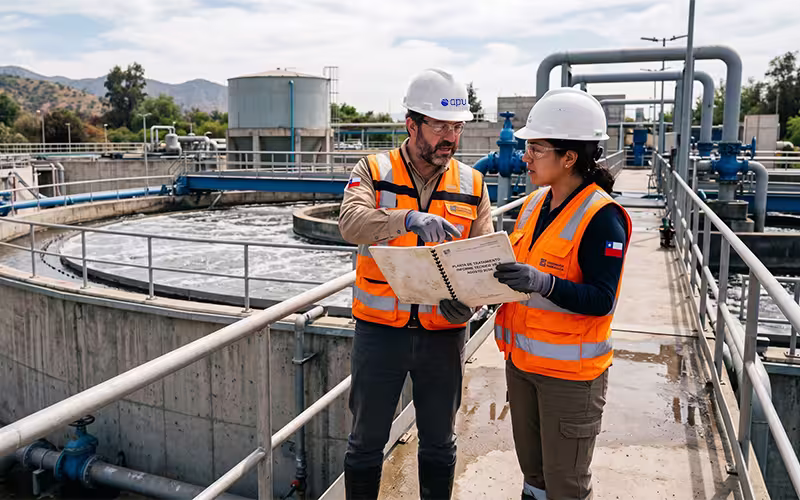 Dos ingenieros de APV con cascos blancos y chalecos reflectantes naranjas revisando un informe técnico detallado en una planta de tratamiento de aguas. De fondo se observan clarificadores circulares, tuberías industriales y estanques de almacenamiento bajo un cielo despejado en Chile.