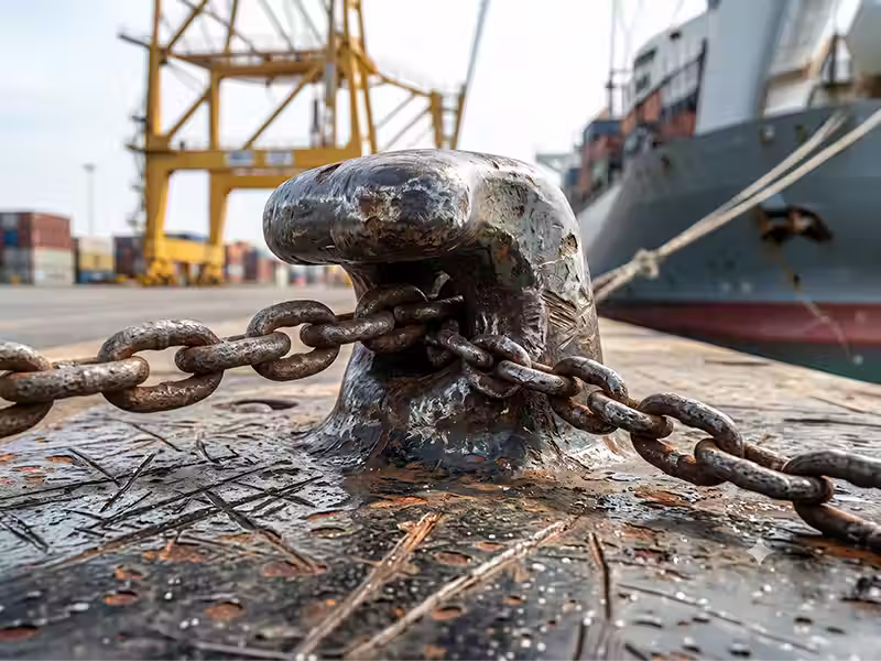 Primer plano de un bolardo de amarre de metal oxidado y desgastado con una cadena de acero en un muelle portuario, con grúas y un buque mercante difuminados al fondo.