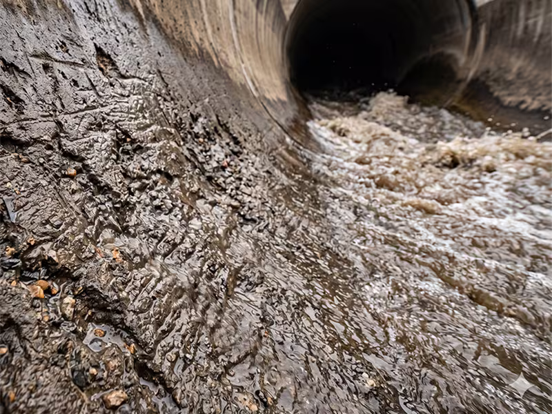 Infraestructura hídrica Primer plano del interior de una tubería o canal de hormigón que muestra un desgaste severo y erosión por abrasión debido al flujo constante de agua turbulenta con sedimentos.
