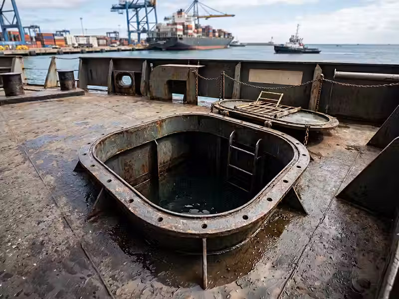 Vista desde la cubierta de metal oxidado de un barco, mostrando una escotilla abierta con agua acumulada en su interior en un entorno portuario e industrial.