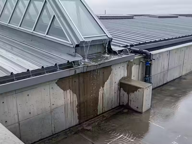 Detalle de una lucarna y cubierta metálica de un galpón industrial mostrando filtraciones, acumulación y escurrimiento de agua de lluvia sobre un muro de hormigón debido a fallas de sellado.