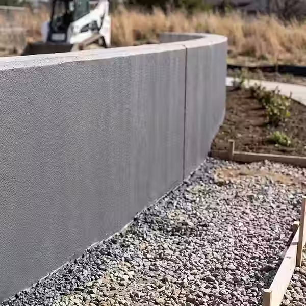 Vista en ángulo de un muro de contención de hormigón y pilares estructurales en un nivel subterráneo iluminado, mostrando superficies lisas y protegidas.