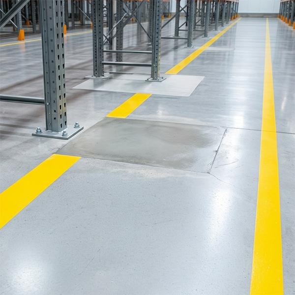 Primer plano en encuadre cuadrado de un piso industrial continuo de hormigón en una bodega, mostrando líneas de demarcación amarillas y una zona reparada junto a racks de almacenamiento.