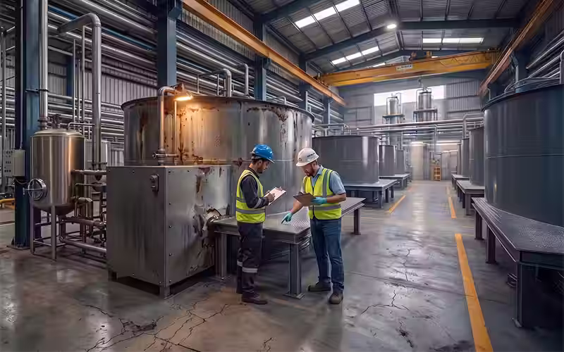 Dos ingenieros con cascos de seguridad y chalecos reflectantes revisando el estado de un estanque metálico y el pavimento de hormigón en una sección de preguntas frecuentes sobre poliurea industrial.