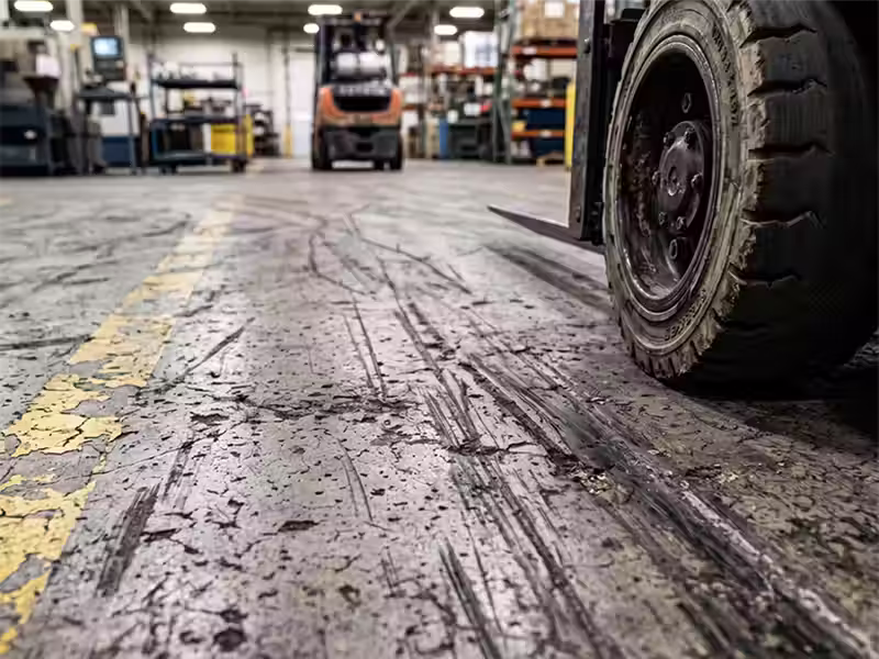 Primer plano de ángulo bajo del suelo de hormigón desgastado y agrietado de un almacén industrial, mostrando marcas negras de neumáticos y una línea amarilla pintada. En el lado derecho, se observa de cerca la rueda texturizada de un montacargas en primer plano, mientras que otro montacargas y estanterías de almacenamiento aparecen desenfocados en el fondo.